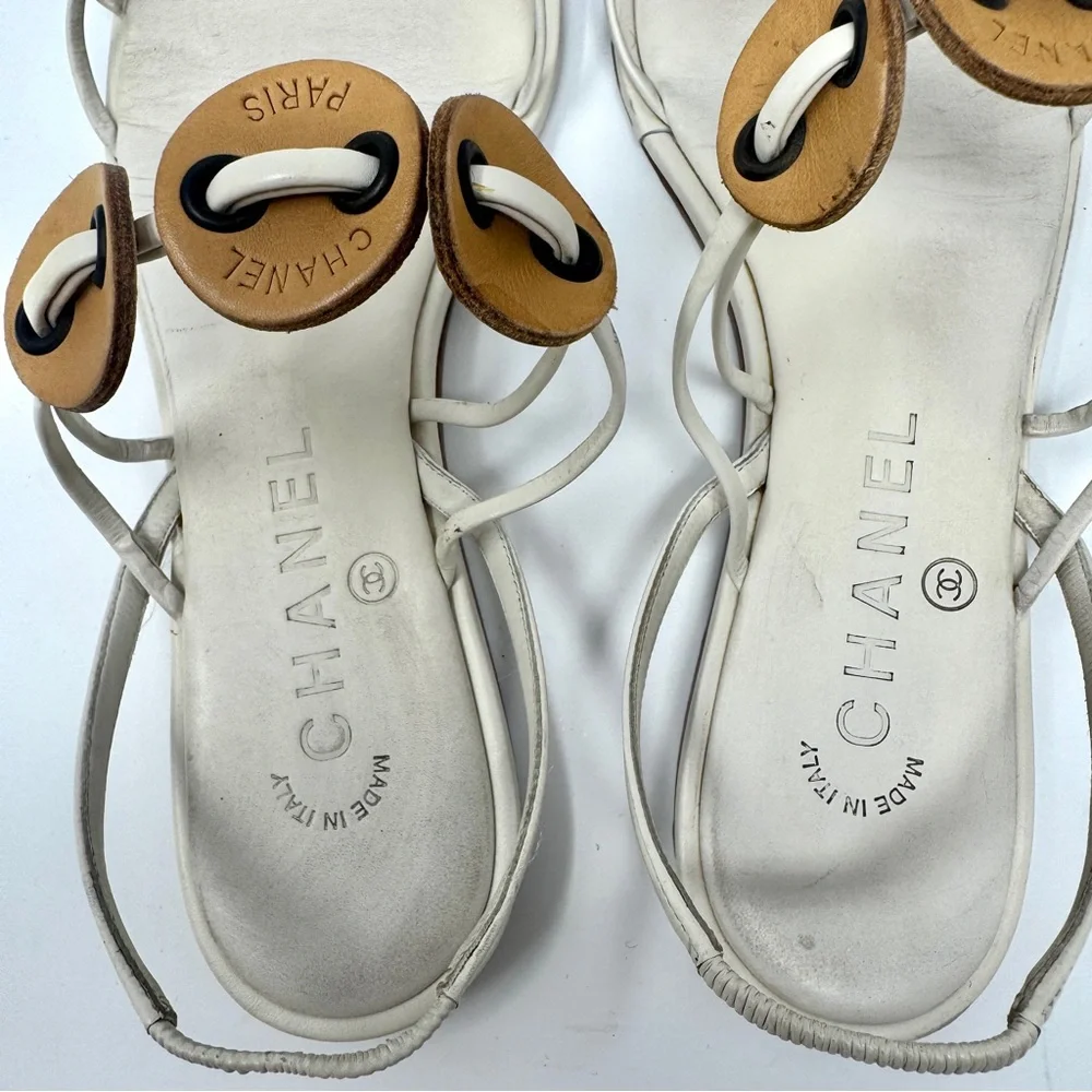 Chanel Flat Thong Sandals Cream with Brown Leather Medallions